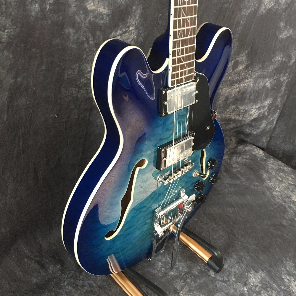Semi hollow shell Archtop guitar Quilted maple trans-Blue with Bigsby