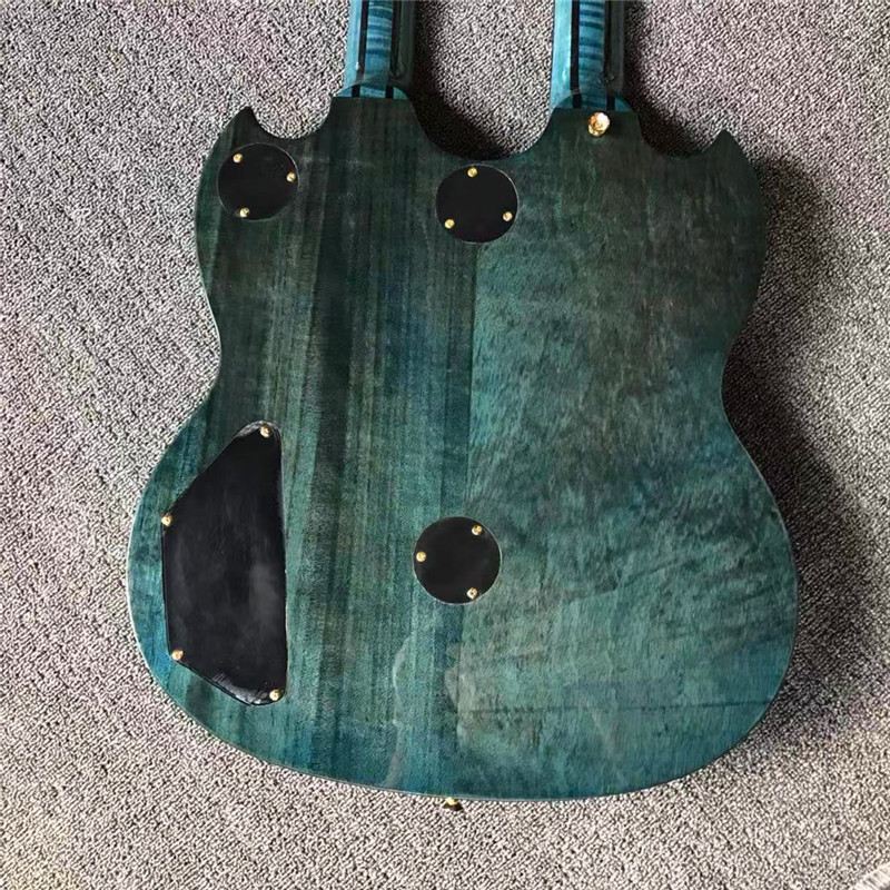 Top brand two head blue electric guitar with double neck and shell inlays