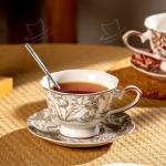 Food Grade Porcelain Taza Red Floral Cups And Saucers Set For Luxury Afternoon