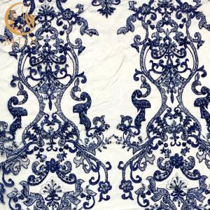 Quality Blue Nylon Handmade Beaded Lace Fabric For fashion Show Dresses wholesale