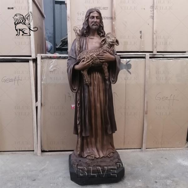 Bronze Shepherd Jesus Statue Holding Lamb Sculpture Christian Religious Life