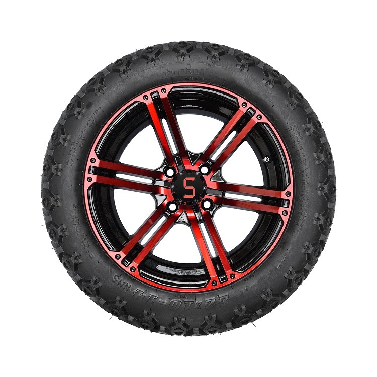 14 Inch Golf Cart Red/Glossy Black Wheels And 22x10-14'' DOT All Terrain Tires Assembly