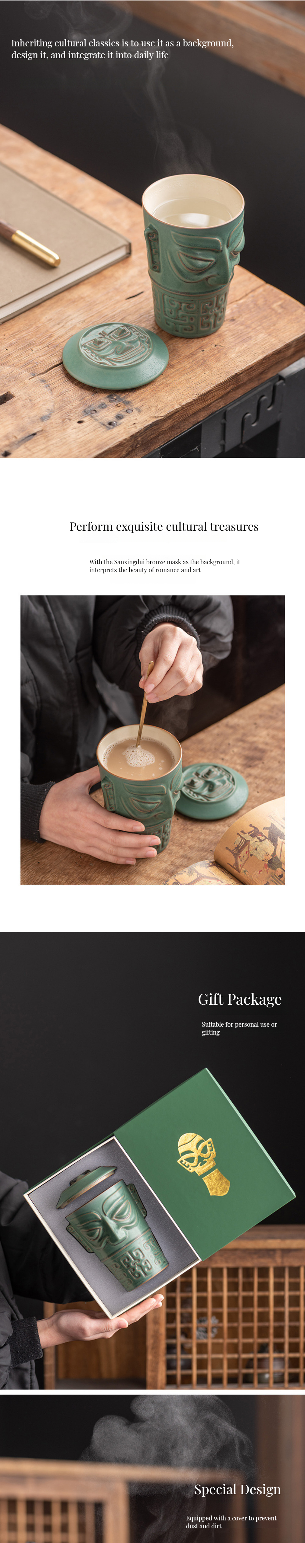 Customized Logo Acceptable End Sanxingdui Large Capacity Ceramic Mug with Lid and Spoon