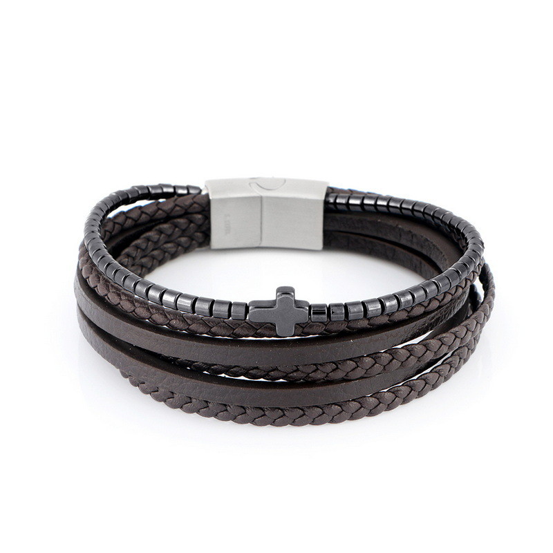 New Stainless Steel Leather Men's Leather Bracelet, European and American Trendy Personalized Versatile Bracelet