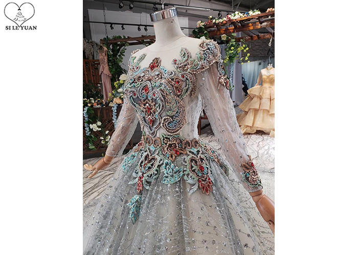Colorful Lace Tailor Made Prom Dresses , Long Sleeve Beaded Prom Dress Big Tail