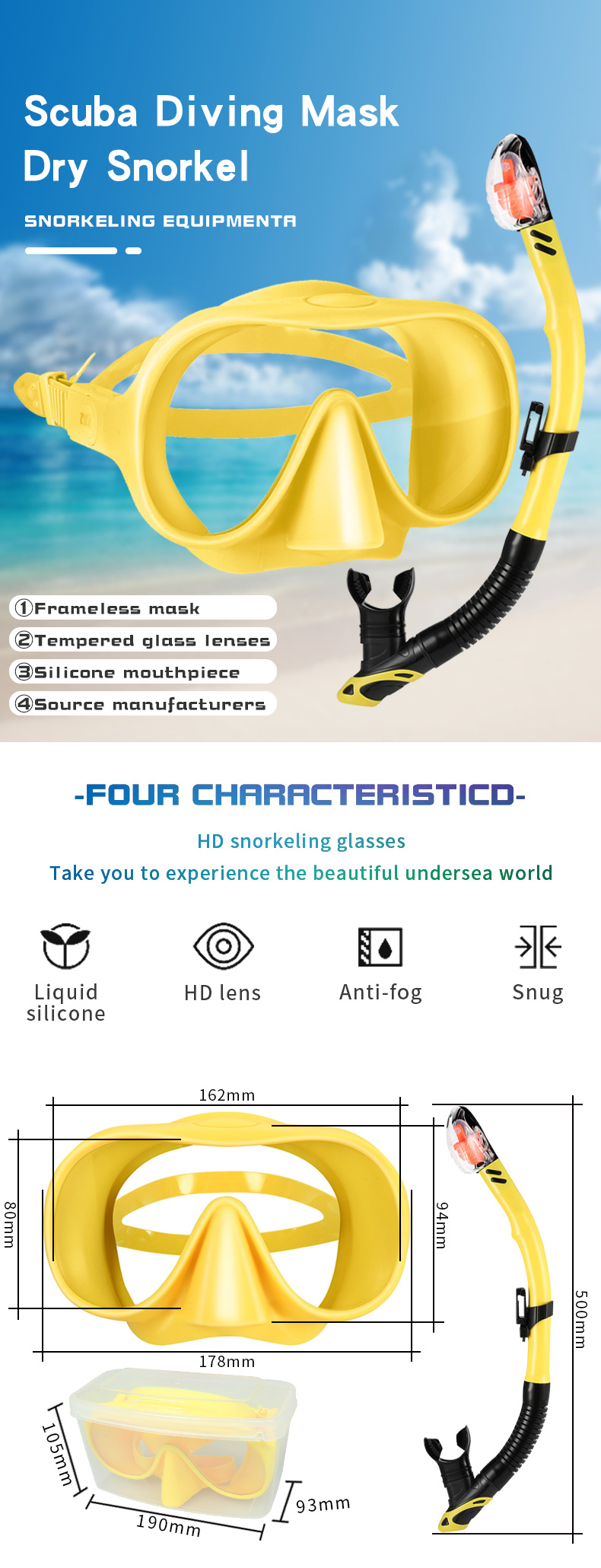 Frameless Single Lens Scuba Diving Snorkel Mask Set Silicone Mouthpiece