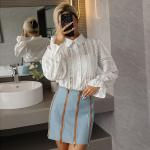 Longn Sleeved High Neck Flared Blouse Chic White High Waisted Lace Tops With