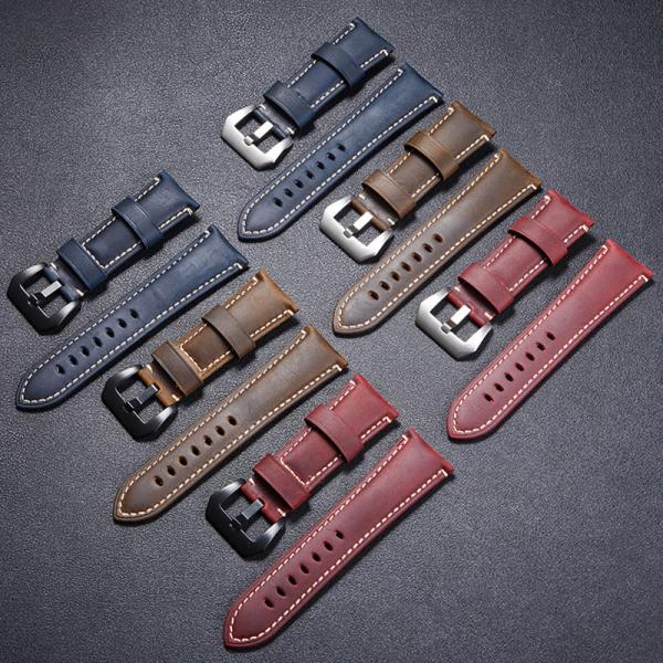 Genuine Leather Watchband Bracelet 20 22 24 26mm Women Men Oil Wax Cowhide Blue