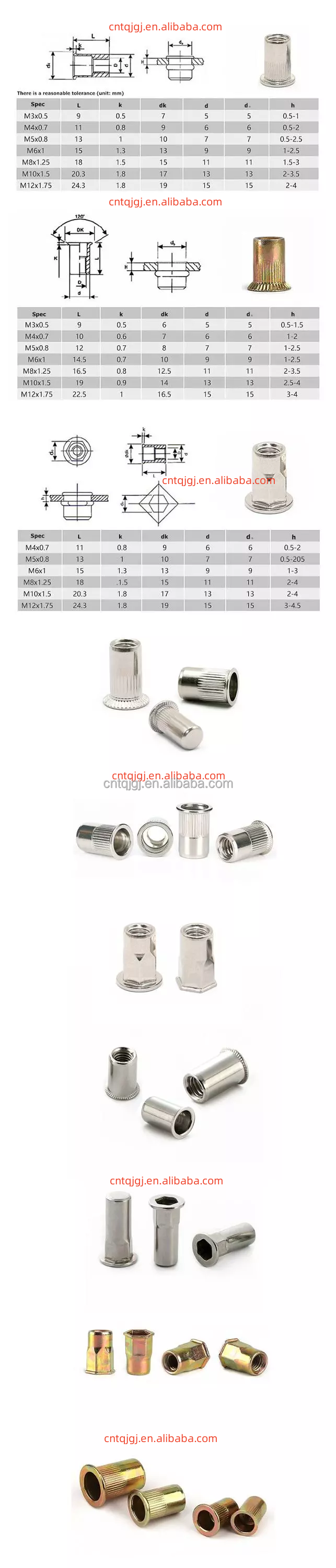 Zinc Plated DIN Standard M3 M4 M5 M6 M8 M10 M12 Flat Head Knurled Threaded Insert Rivet Nut for Metric Measurement System