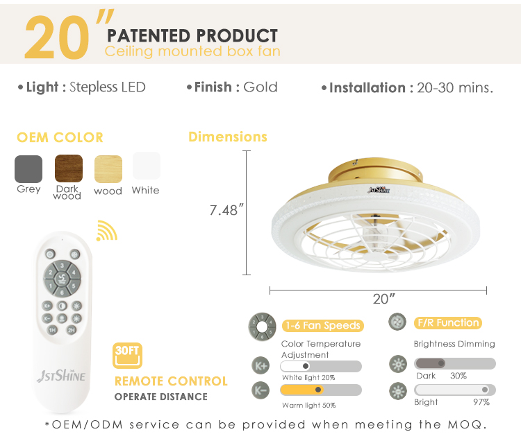 1stshine 20-inch Low Profile Gold Ceiling Fan with LED Light and Wall Control Switch