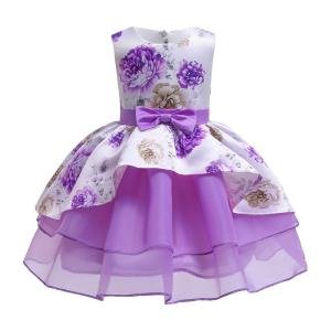 Quality Hot Sale Toon Purple Girl Dress Bow Belt Printed Mesh Gown Princess Dress Tutu Dresses Invisible Zipper Disfraces Vestid wholesale
