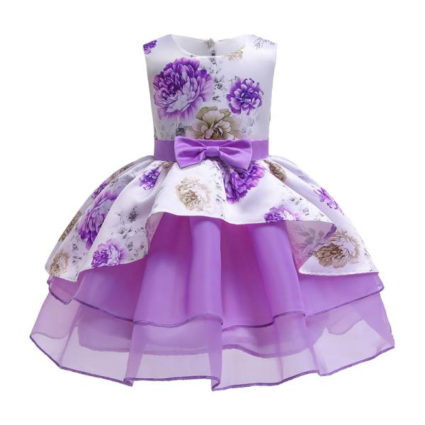 Hot Sale Toon Purple Girl Dress Bow Belt Printed Mesh Gown Princess Dress Tutu