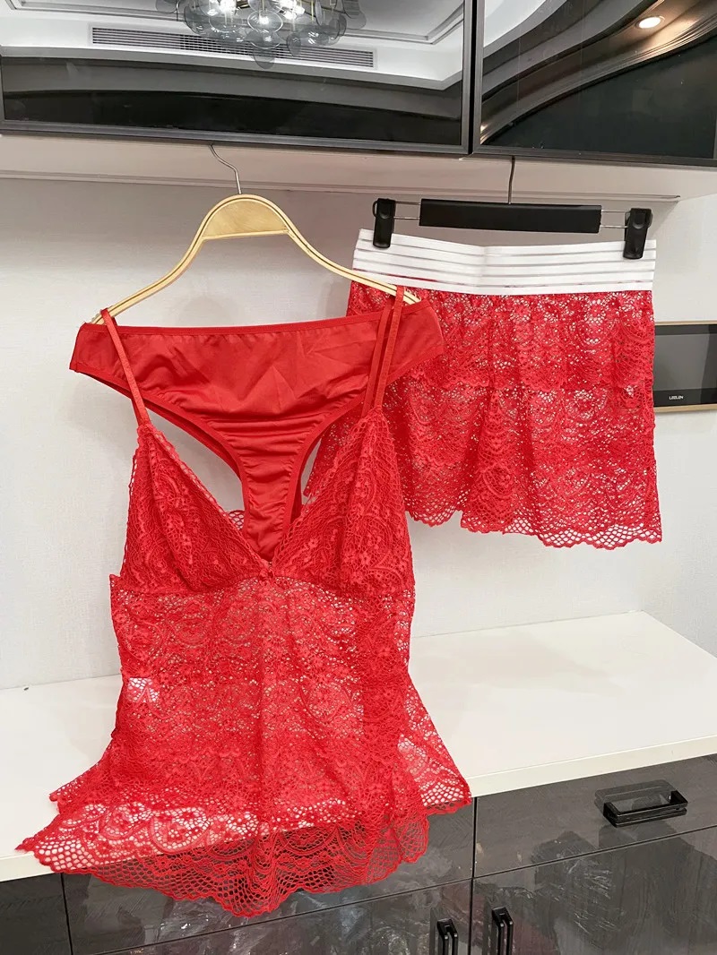 3 Pieces Plus Size Underwear Panties Bra Set Sexy Lace Hollow Out Lingerie For Women'S Pajamas