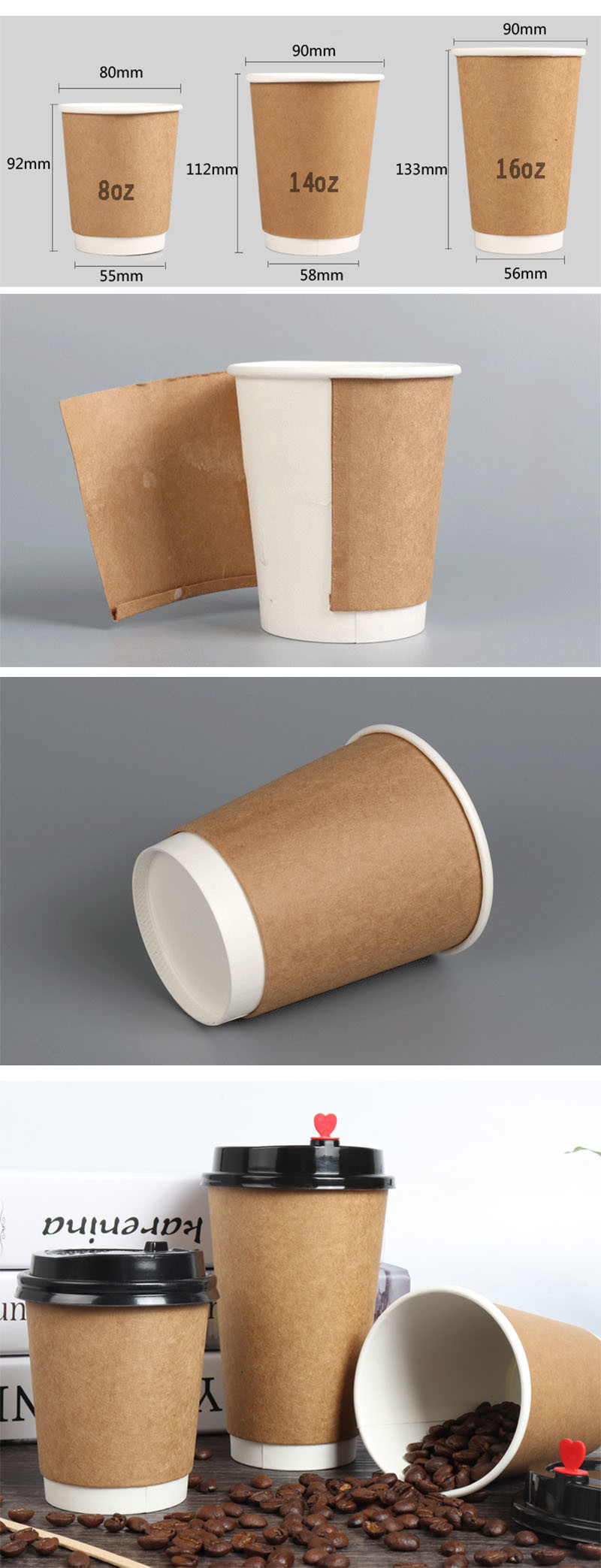 8oz 14oz 16oz Disposable Paper Hot/Cold Coffee Cups With Black PP Lid
