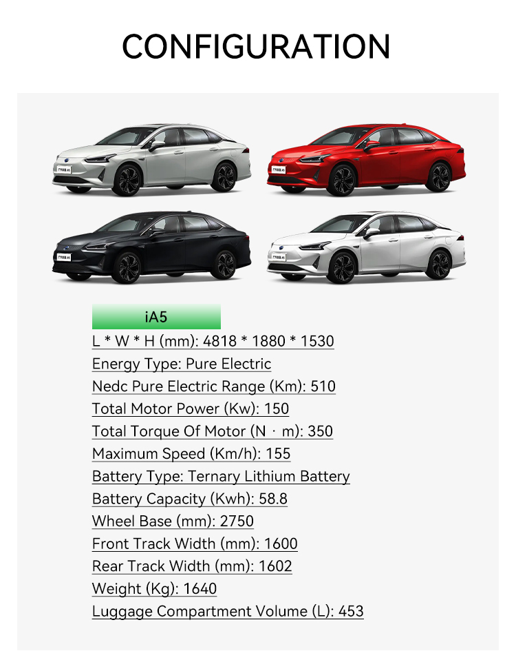 155Km/h Maximum Speed 58.8Kwh Battery Capacity GAC iA5 Energy Electric Vehicle 0km Second Hand Used Adulte Voiture Electrique