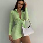 Green Sexy Long Sleeve Mini Dress High Waist V Neck