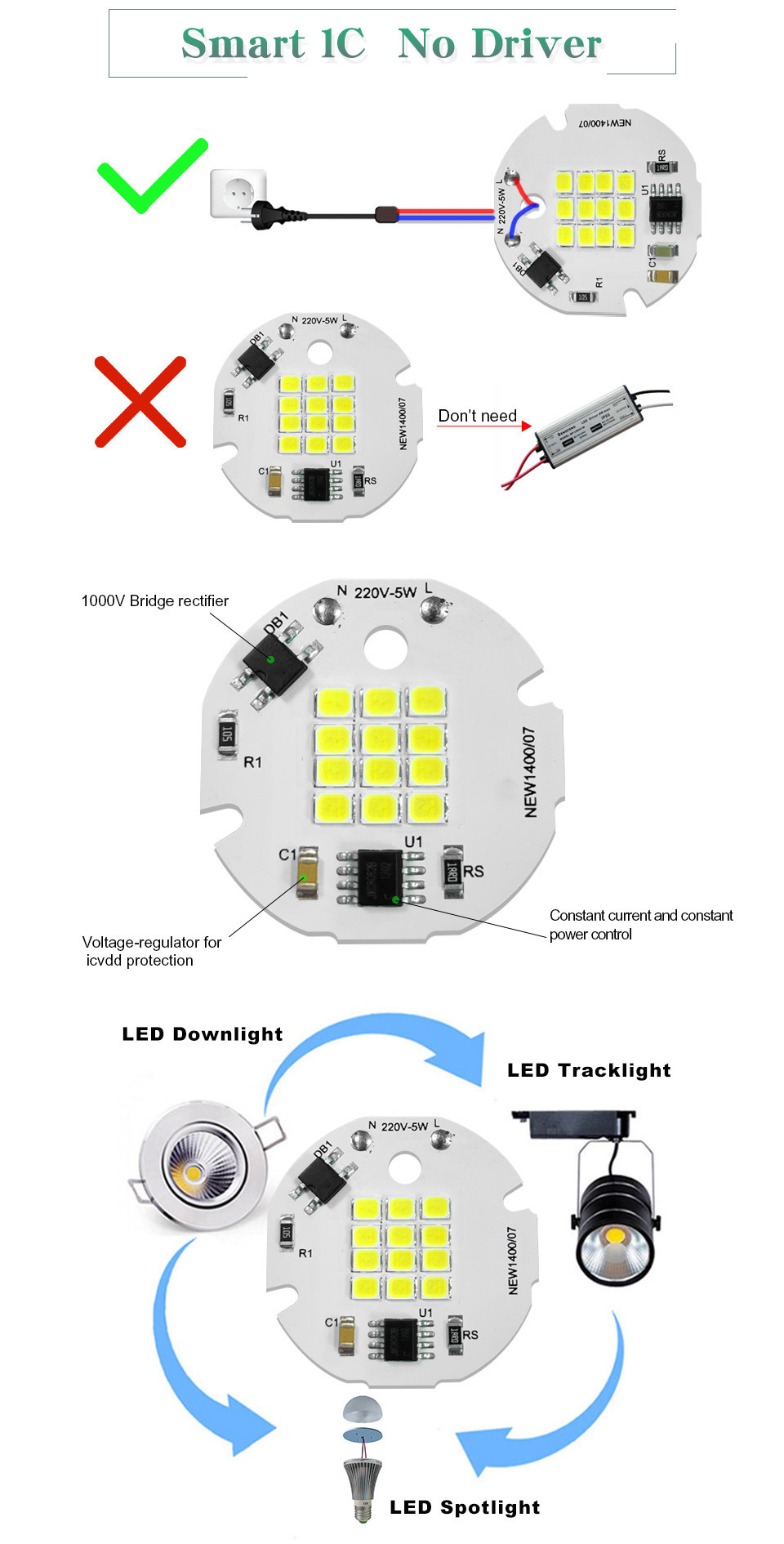 4000k SMD LED Chip Smart IC No Driver For Commercial Lighting Applications
