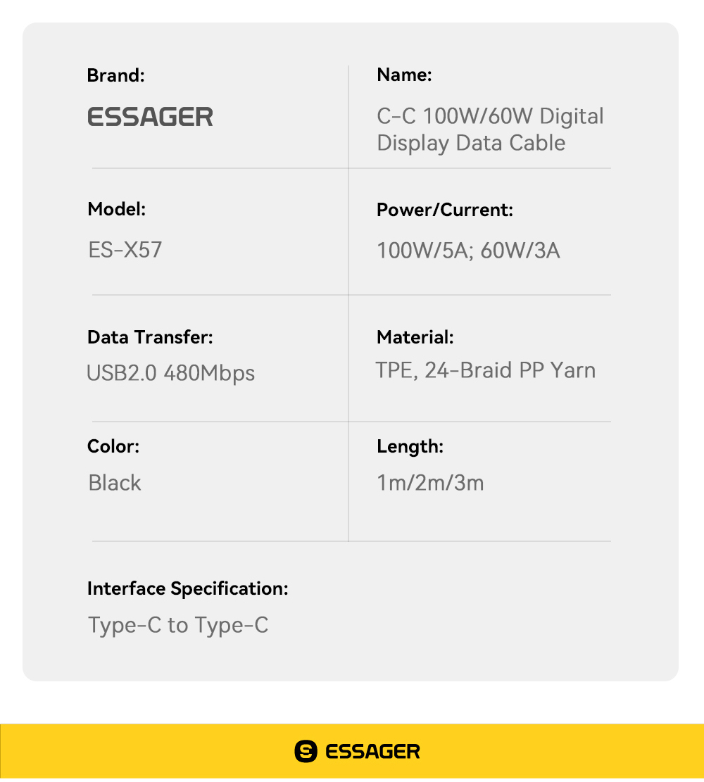 Zinc Alloy USB C Fast Charging Cable 60W 100W ESSAGER ES-X57 Series