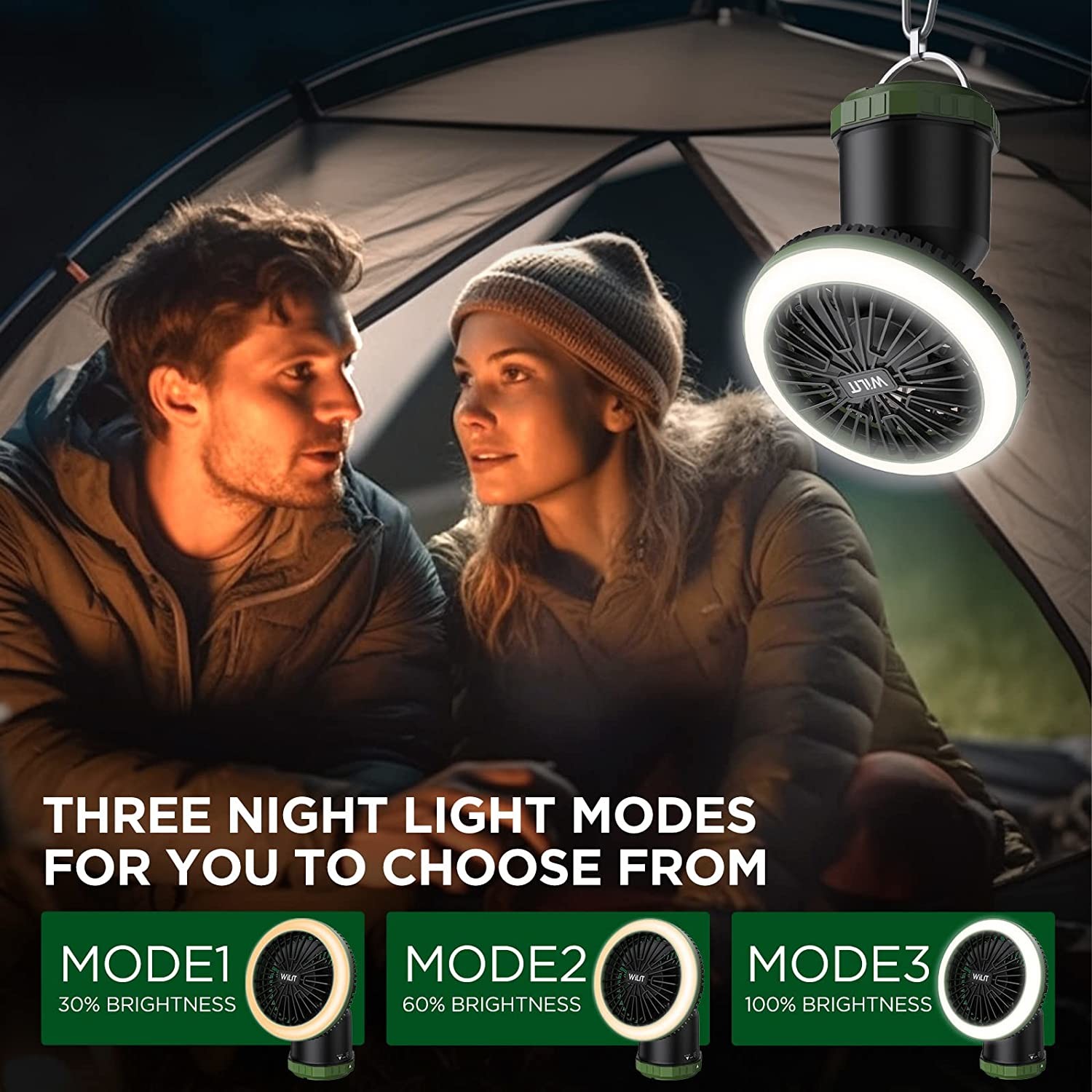Camping Fan with LED Light, Fan with Hanging Hook Ceiling Fan for Tent Car Desk Outdoor Emergency Outage Hurricane
