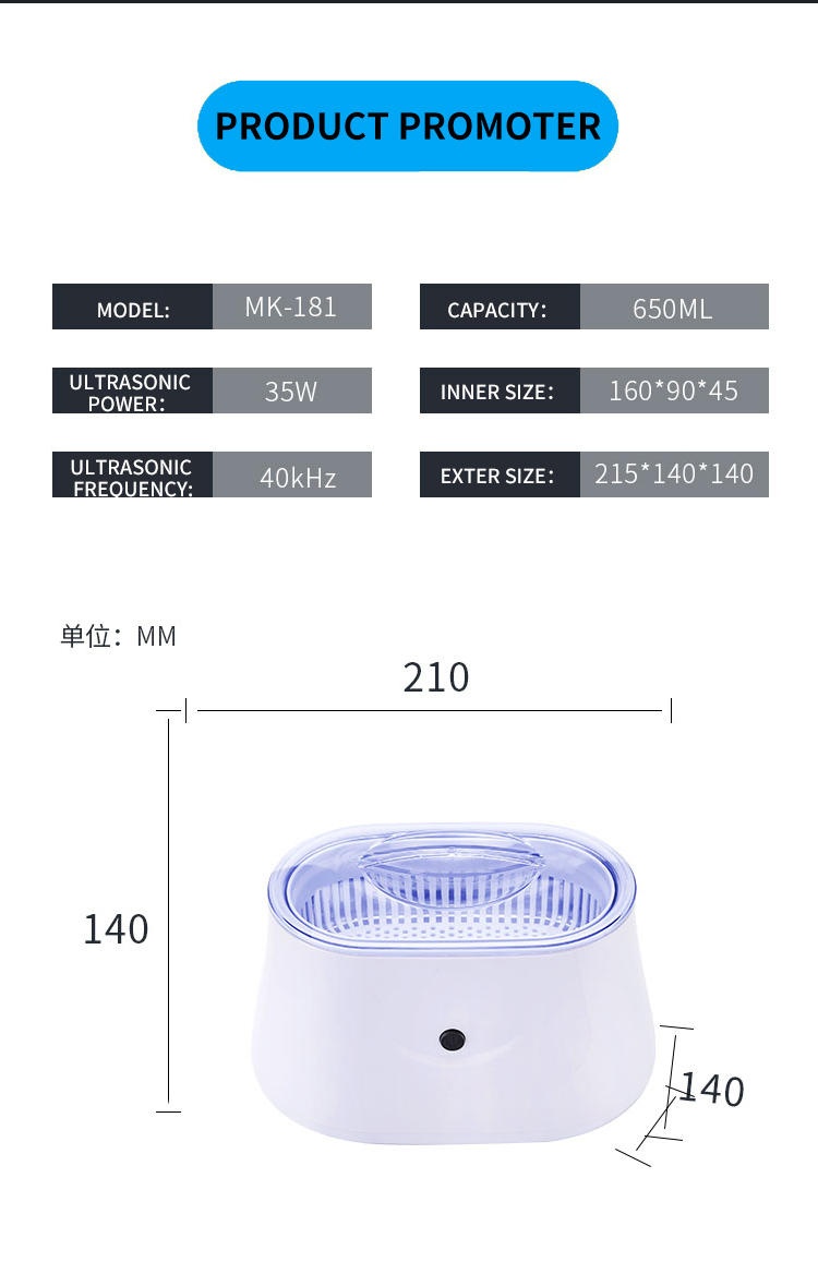 Electric Ultrasonic Dental Cleaner 650ml Tank With 40khz Frequency