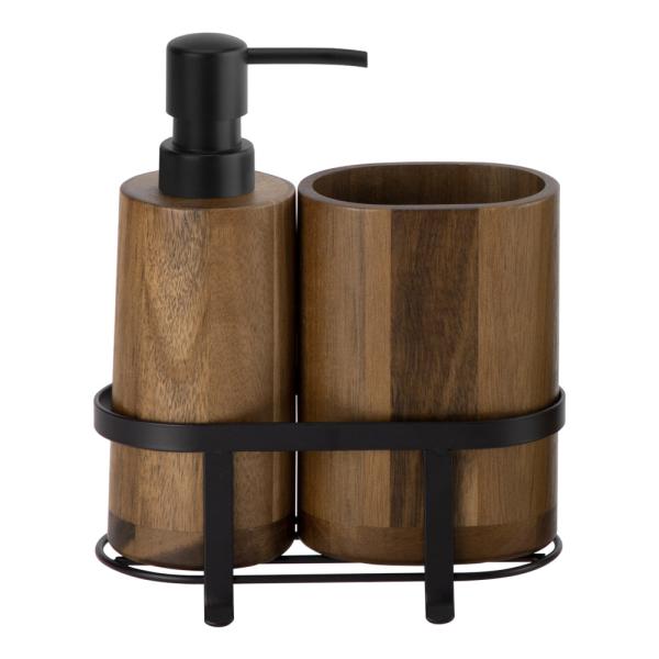 Bathroom Accessories Set Wooden Soap Dispenser Black ABS Pump Oval Toothbrush