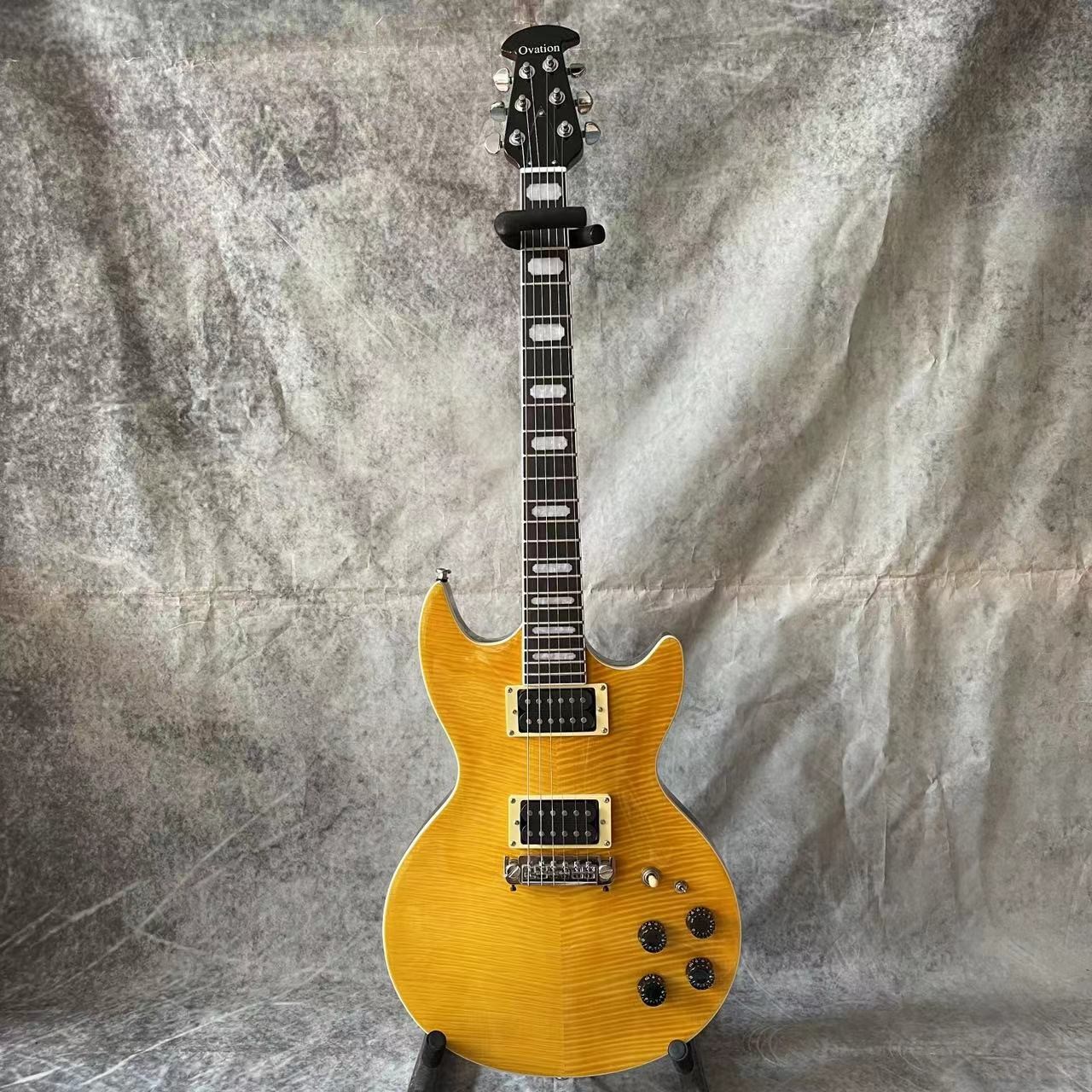 Custom Flamed Maple Veneer Pearloid Notched Block Inlays OVATION Electric Guitar