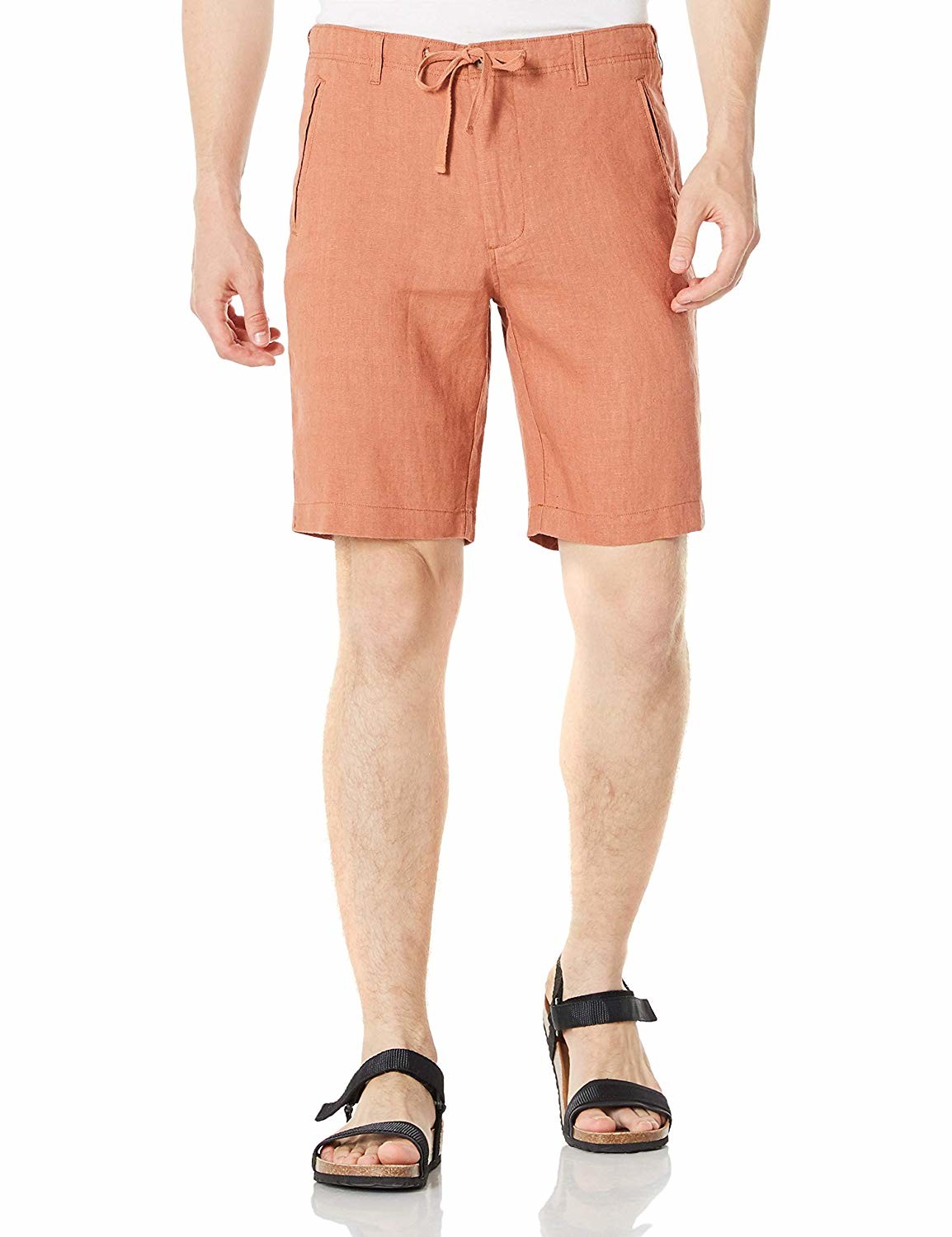 Light Brown Beach Mens Linen Shorts Drawstring Yarn Dyed Fabric