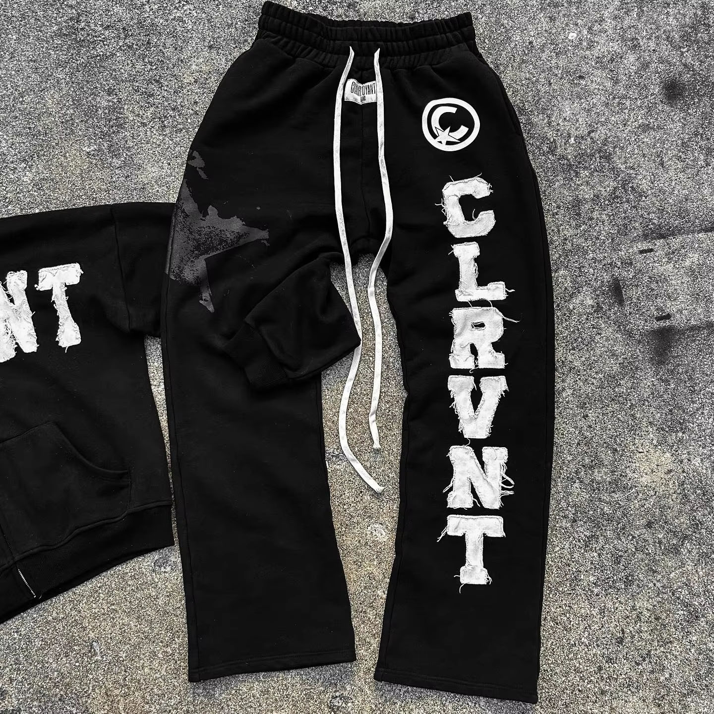 Autumn Mens Streetwear Sweatsuits Two Piece Track Set Applique Distressing Embroidery