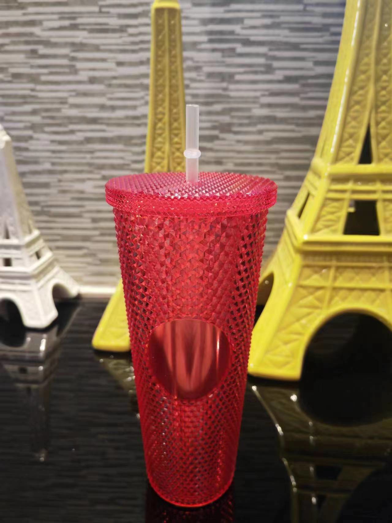 DIY Studded Tumbler With Lid And Straw Reusable Plastic Acrylic Cup Double Walled Iridescent Travel Tumbler For Iced Coffee Cold Water Smoothie Wide
