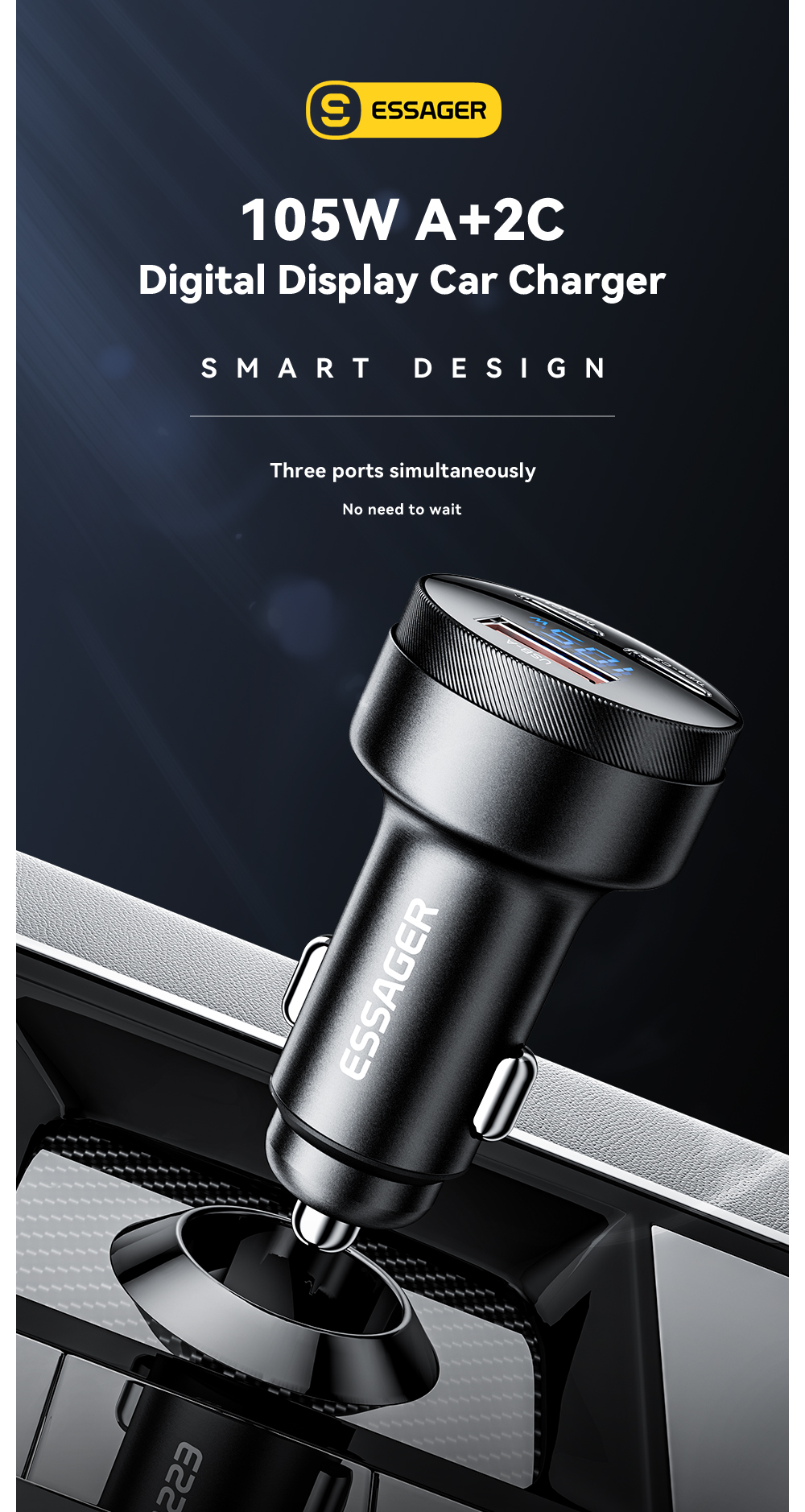 ESSAGER FSJ-008 Series 105W 3 Ports Fast USB Type C Car Charger