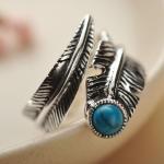 Turquoise Adjustable Tribal Feather Ring 925 Sterling Silver Band Ring (024952)