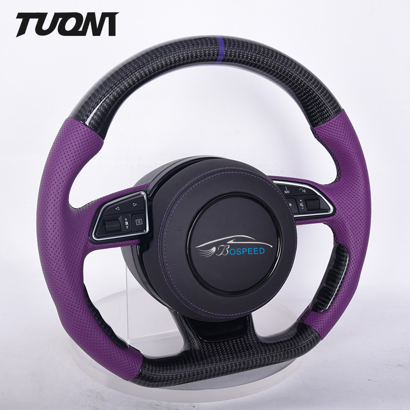Purple Leather Audi Carbon Fiber Steering Wheel Flat Bottom Multi Function
