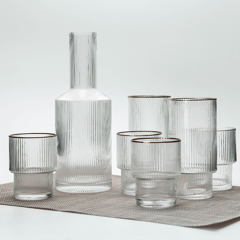 Vertical Strips Lead Free Crystal Drinking Glasses Water Carafe Set With Tumbler