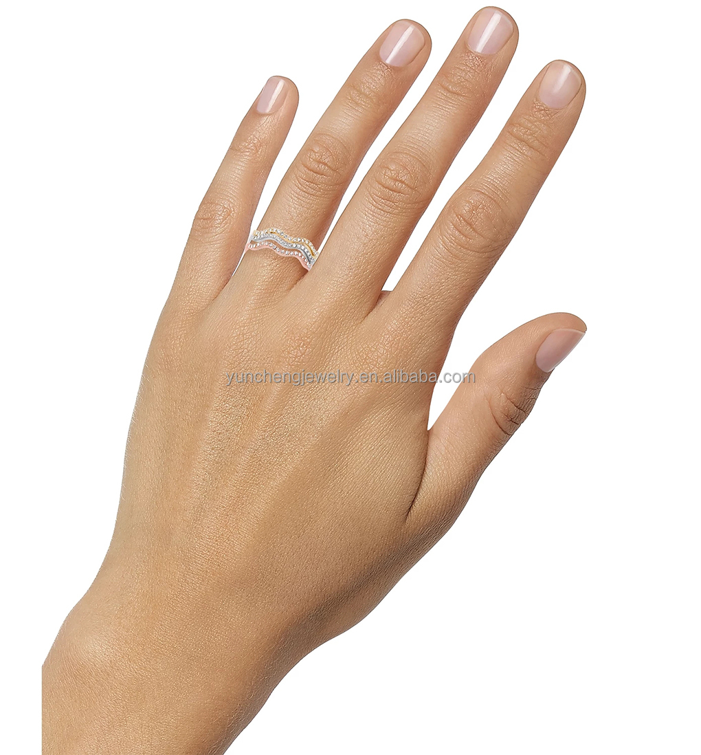 3 Pieces Pave Ring Set Rhodium Plated Wave Ring Sterling Silver