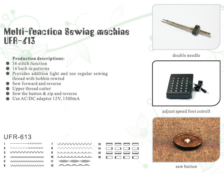 Lock Stitch Mini Sewing Machine UFR-613 OEM and Overall Dimensions 38.4*15.3*24.7cm