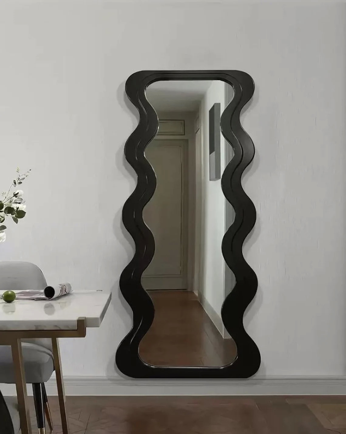 OEM Floor Wavy Standing Mirror Black Ornate Wooden Frame