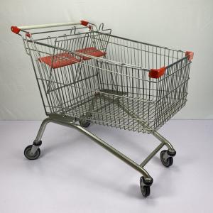Quality 275L European Style Supermarket Trolley Carry Large Capacity Metal Cart With Foldable Double Child Seats wholesale