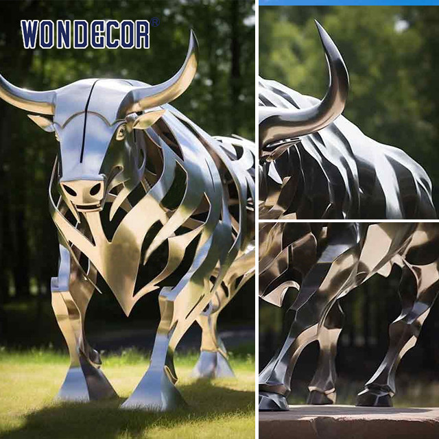 Large outdoor park metal art abstract animal hollow bull stainless steel sculpture