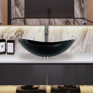 Quality High Glossy Black Tempered Glass Sink Boat Shape Table Top Bathroom Glass Wash Basins wholesale
