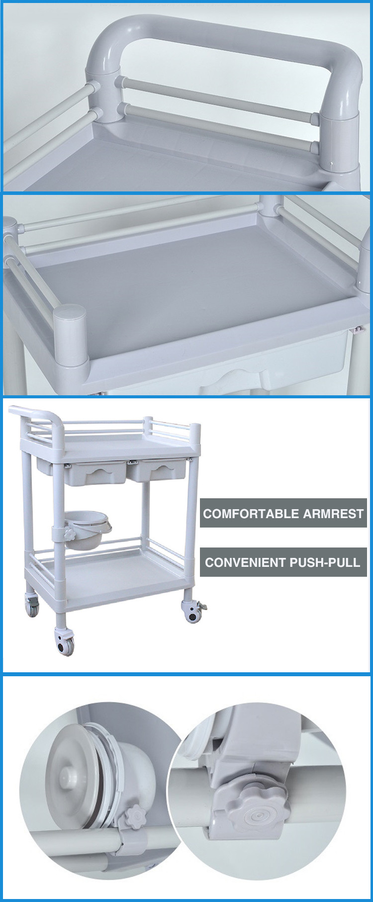 Double Drawers ABS Plastic Movable Nursing Treatment Medical Trolley Cart