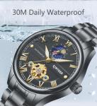 KINYUED luminous moon phase luxury black watch tourbillon automatic mechanical