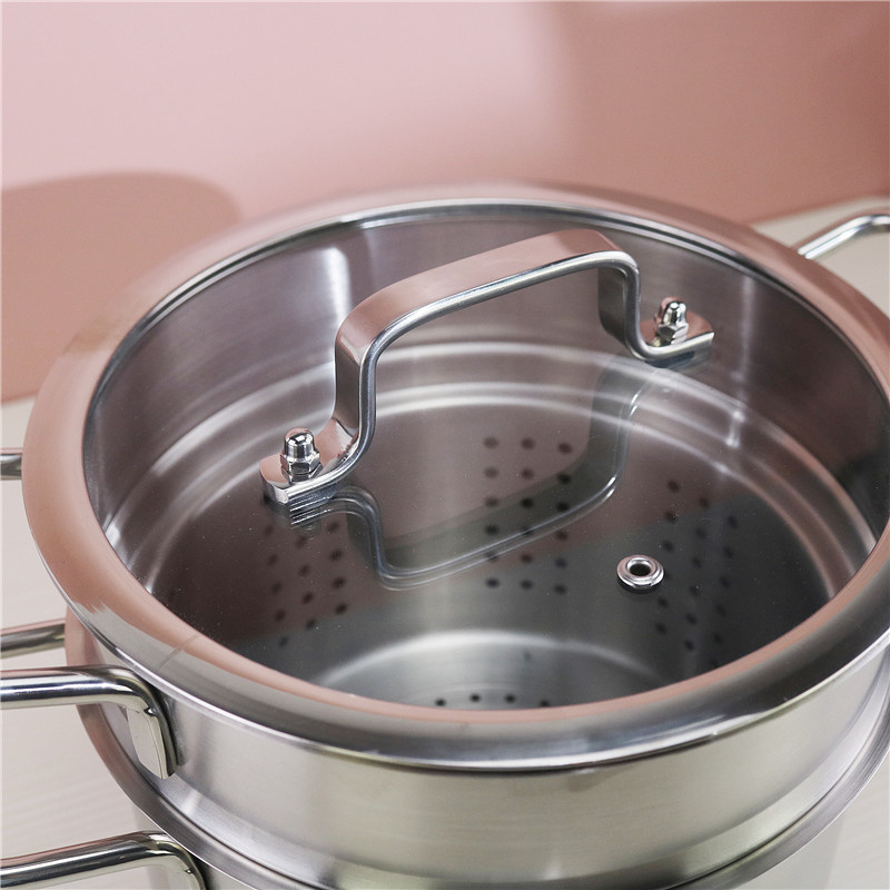Double layer food kitchen pot spaghetti cooking pot with glass lid steamed grid