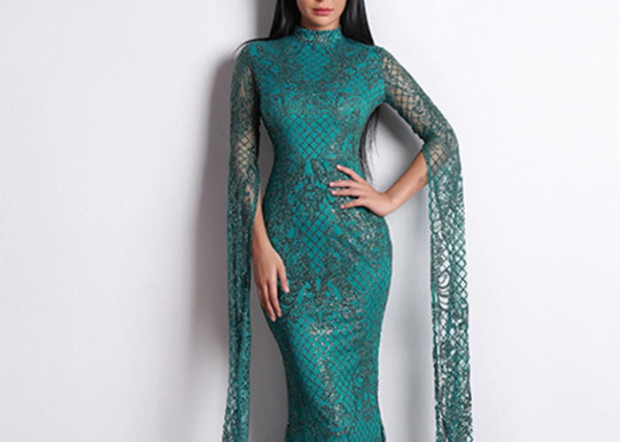 High Neck Mermaid Style Prom Dress Gold Dark Green Color Long Sleeve Lace Sequin