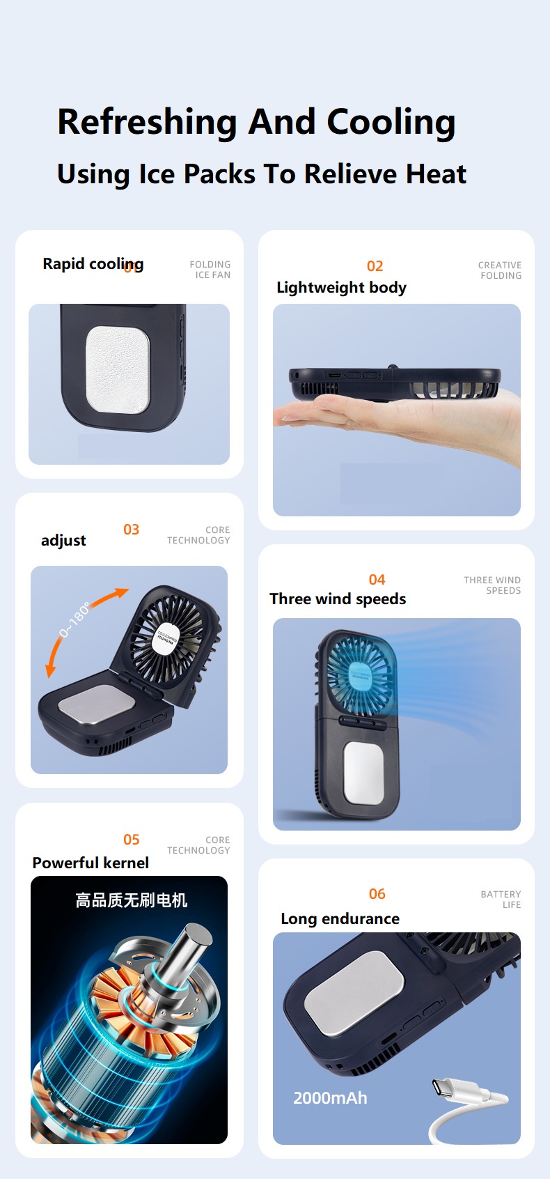 2000mAh USB Rechargeable Handheld Fan for Portable Air Cooling and Neck Wearable Design