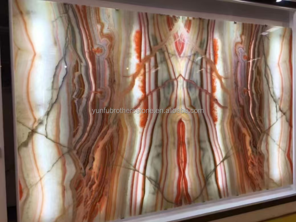 Hotel Table Furniture Design with Natural Stone Bookmatched Rainbow Onyx Marble Slab