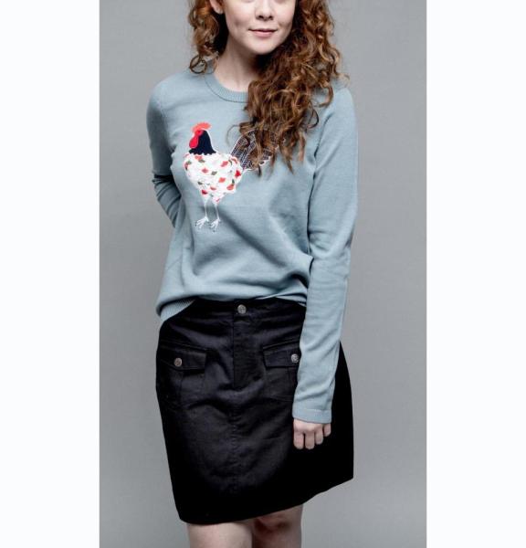 WOMEN'S 100% COTTON FINE GAUGE APPLIQUE ROOSTER EMBROIDERY KNITTED SWEATER (