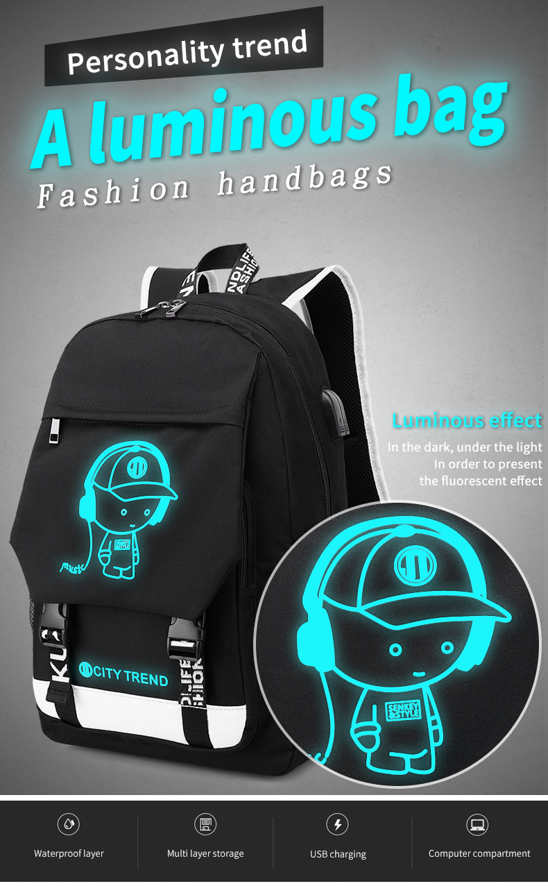 Factory wholesale custom fluorescent logo boys waterproof bookbag durable luminous student school bags backpack for men