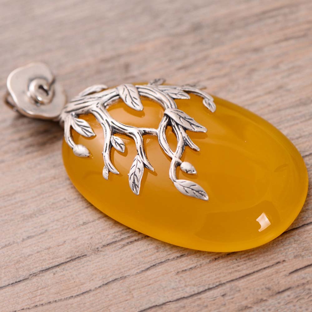 Women Fashion Three Leaves 925 Sterling Silver Synthetic Yellow Chalcedony Pendant Necklace(N808064)