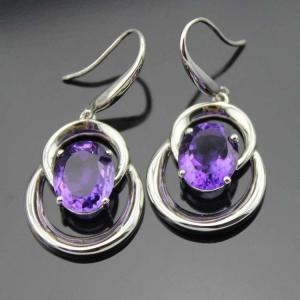 Quality 925 Silver 8x10mm Oval Amethyst Cubic Zirconia Dangle Earrings (PSJ03275) wholesale
