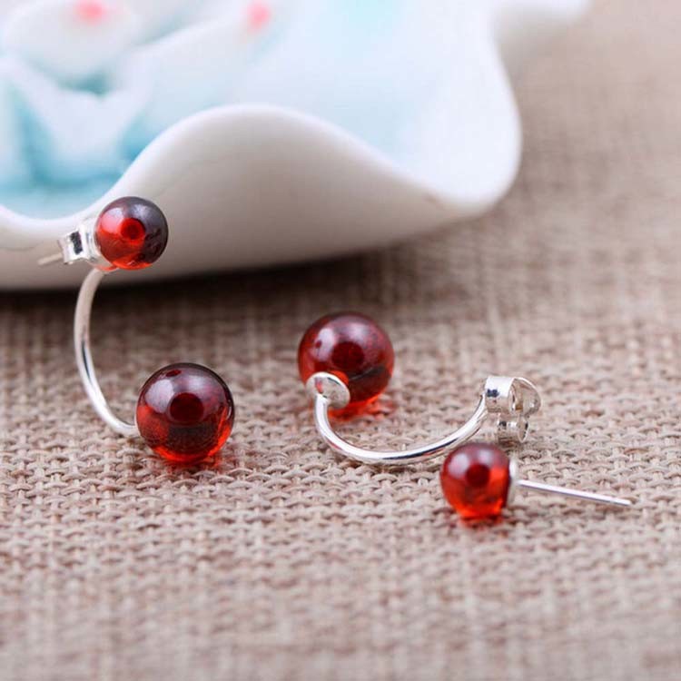 925 Sterling Silver Double Garnet Hoop Earrings (XH0488)